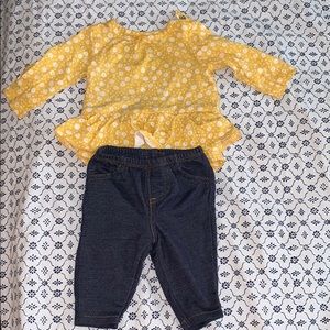 A yellow blouse with blue jeans